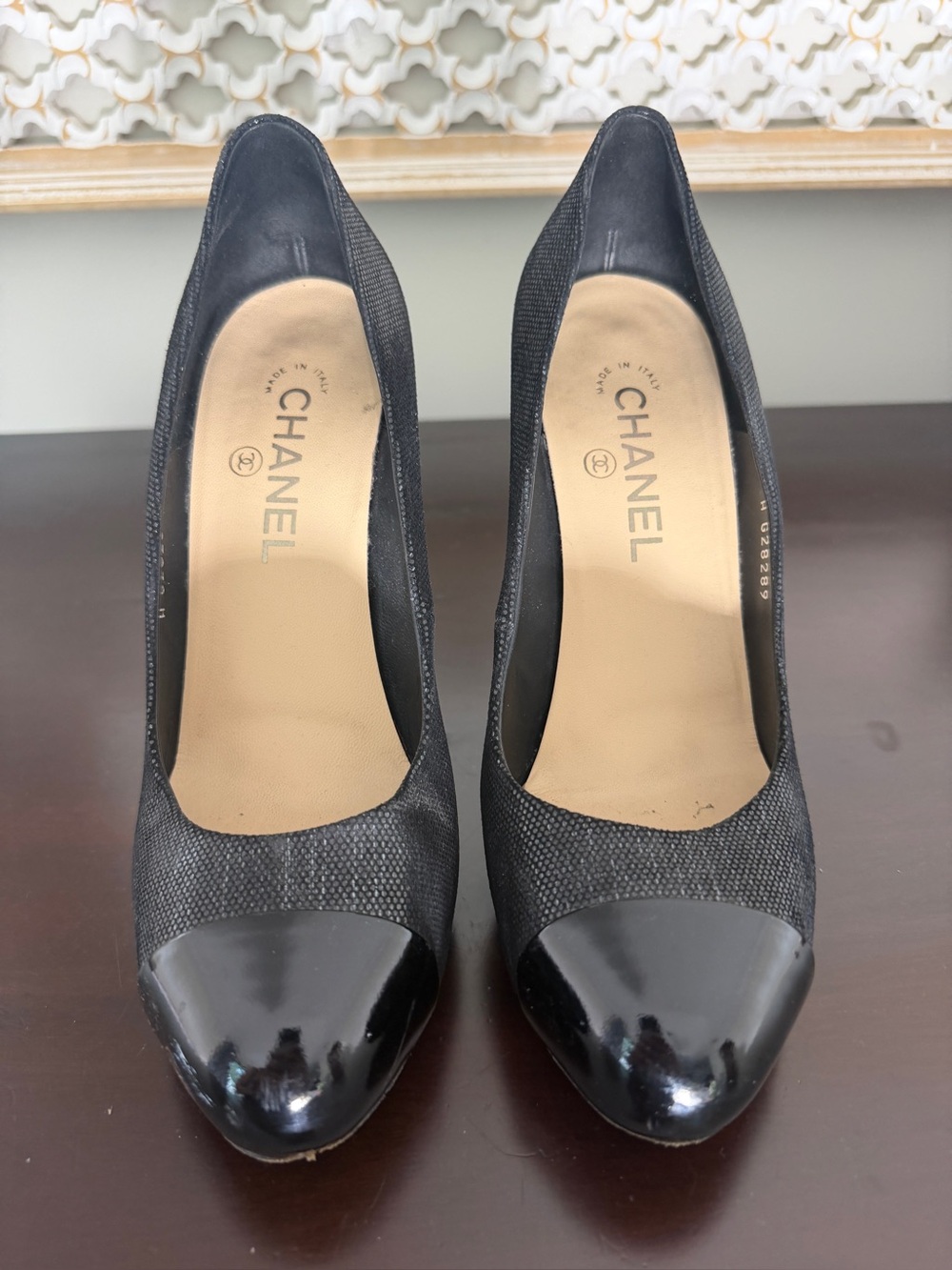CHANEL Black Textured Body with Patent Black Cap-Toe Pumps